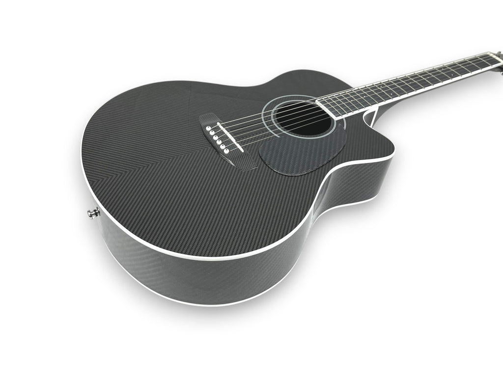 Grand Auditorium Cutaway Carbon Fiber Acoustic Guitar Front Side Detail Bookmatched Chevron Pattern Guitar bridge   - Heritage Series - Professional Performance